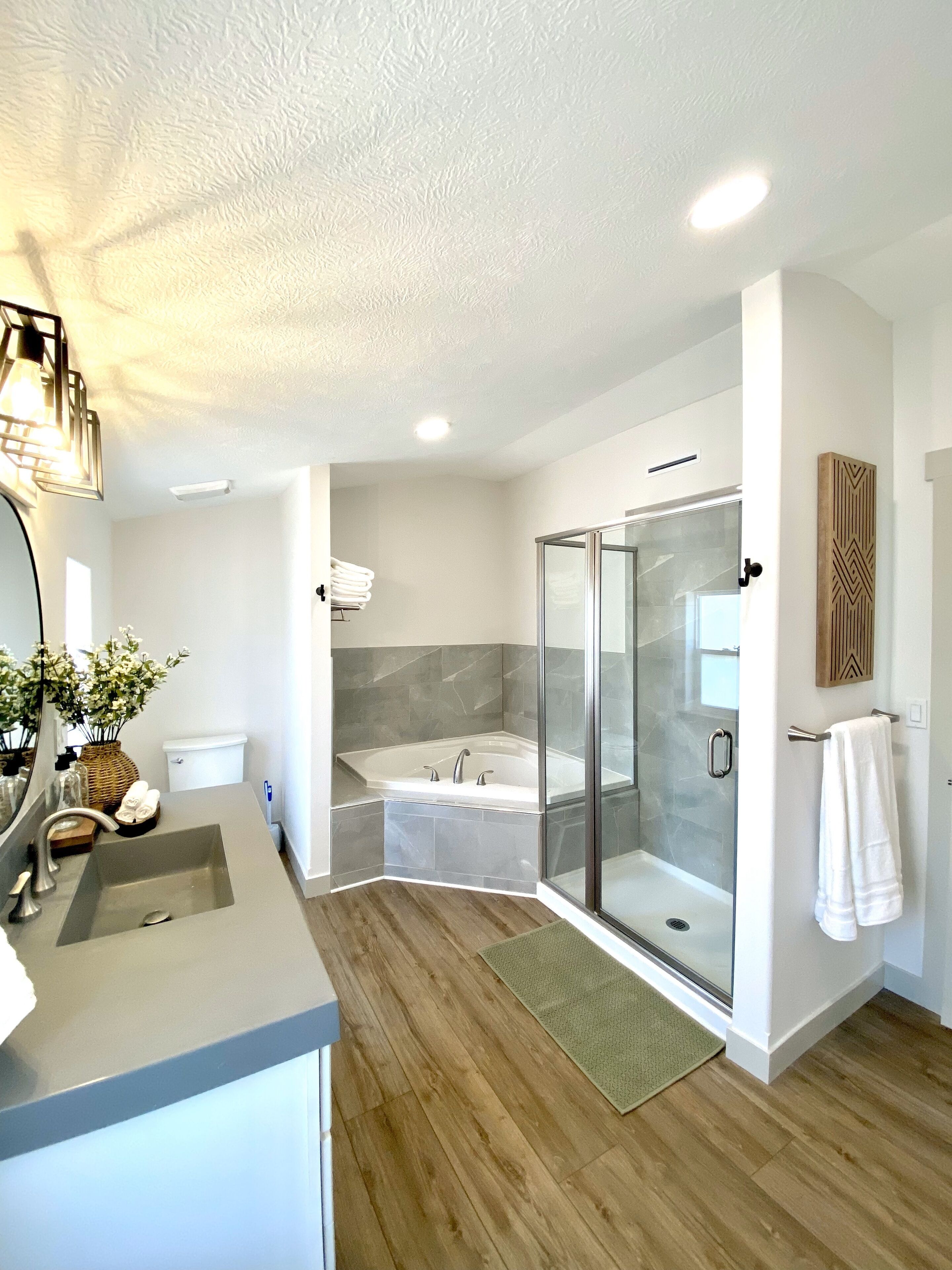 Shower, jetted tub, hair dryer, towels