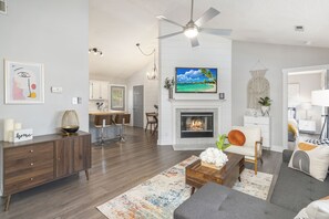 Smart TV, fireplace, books, computer monitors