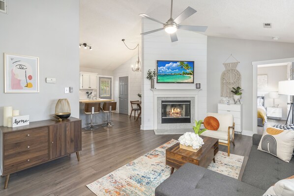 Smart TV, fireplace, books, computer monitors