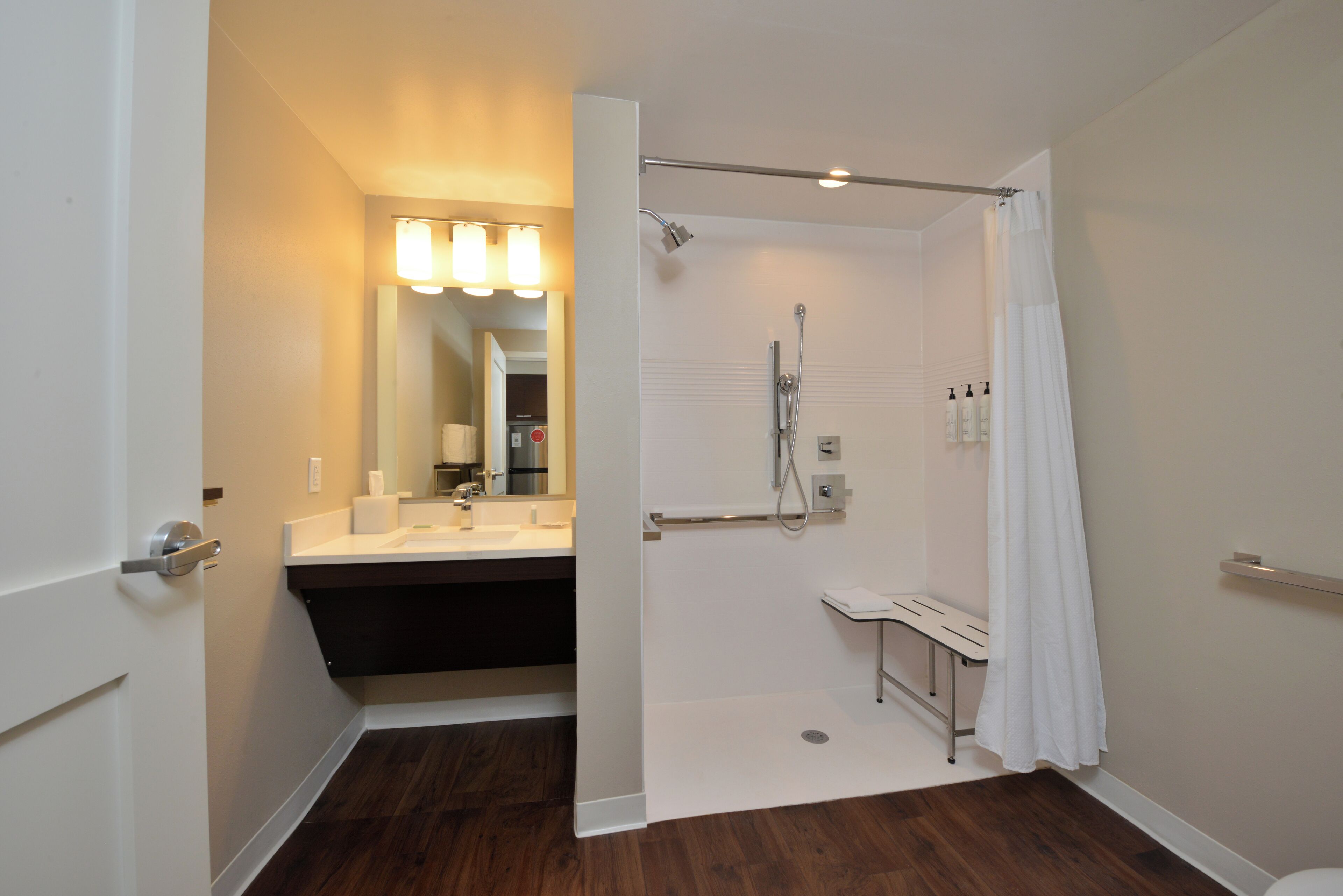 A modern bathroom with a walk-in shower, a vanity with a mirror, and a toilet.