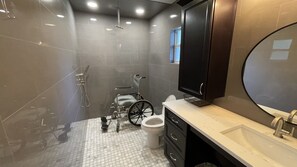 Shower, eco-friendly toiletries, hair dryer, towels