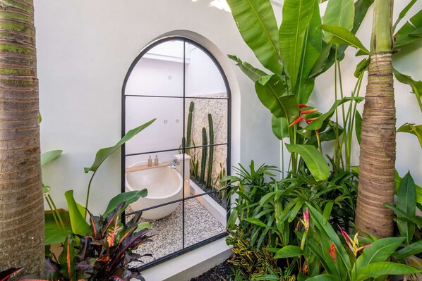 Une salle de bain avec une baignoire sur pieds, entourée de plantes tropicales et agrémentée d’un grand miroir.