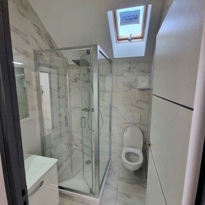 A bathroom with a glass-enclosed shower, a toilet, and a small skylight above the toilet. - Escape and comfort 8-bed house with swimming pool (Val de Chaise)