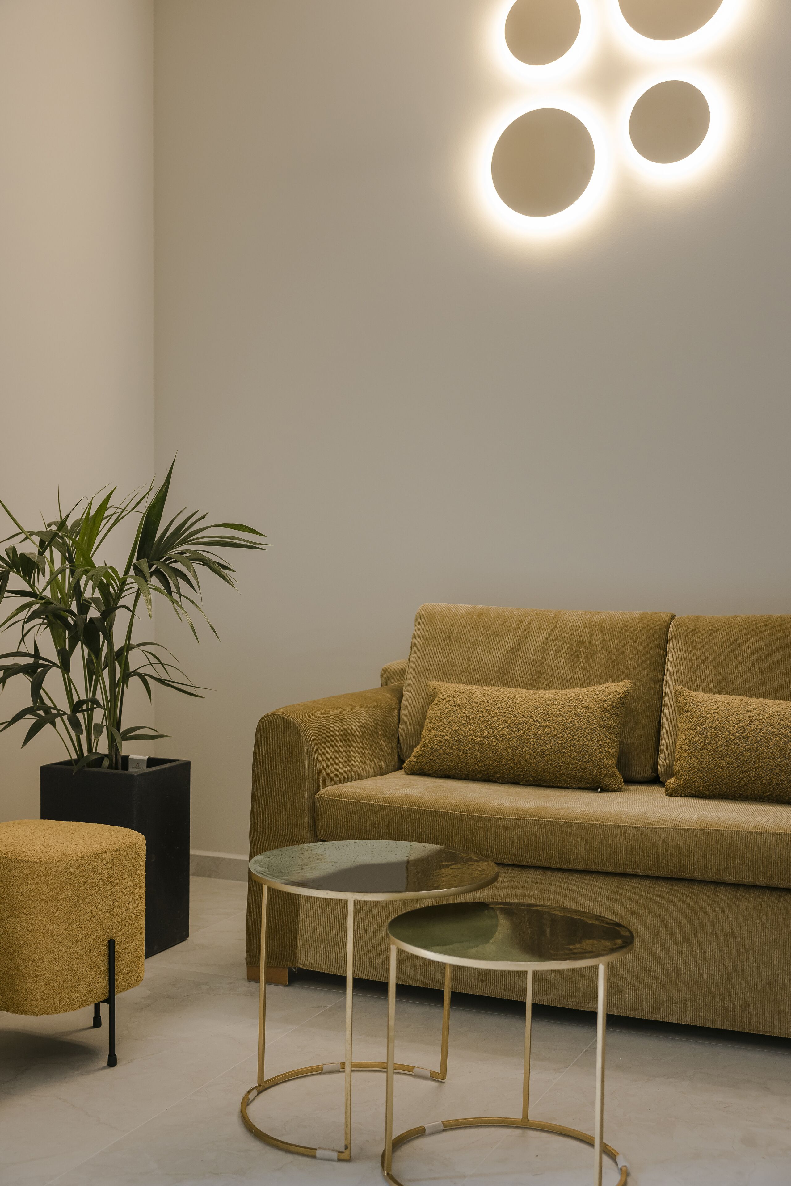 A modern living room with a beige sofa, two small round tables, and a potted plant.