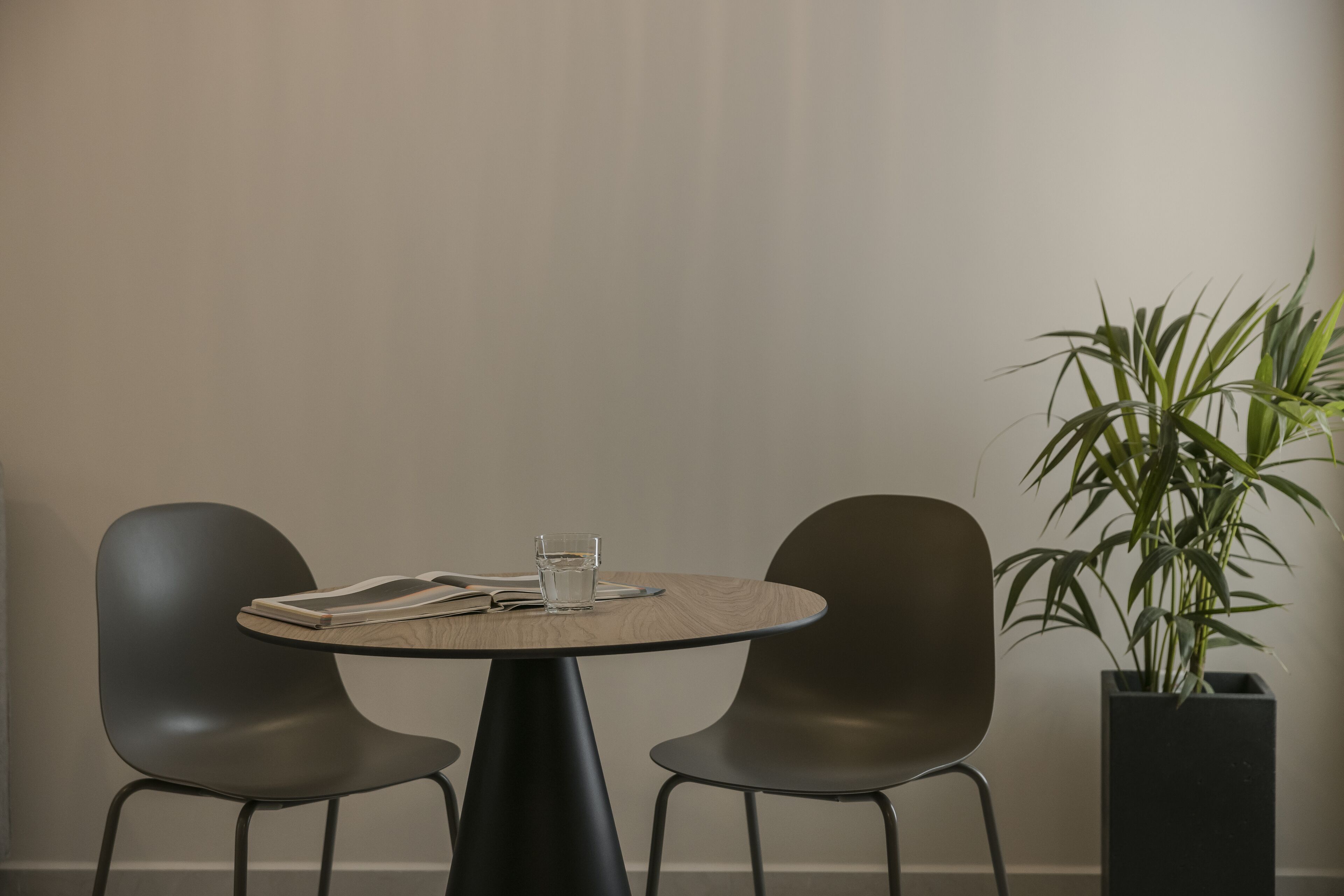 A round table with two chairs, a glass of water, and a book on it. There is a potted plant to the right.