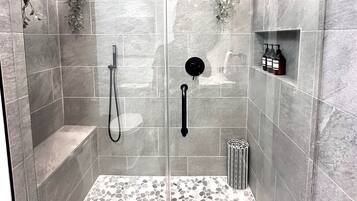 Shower, eco-friendly toiletries, hair dryer, towels