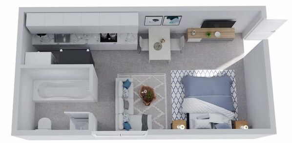 A 2-bedroom apartment layout with a kitchen, dining area, and a bathroom. - Zen.Modern.Hip “Studio 501” Beach|Scuba|Downtown (West Palm Beach)