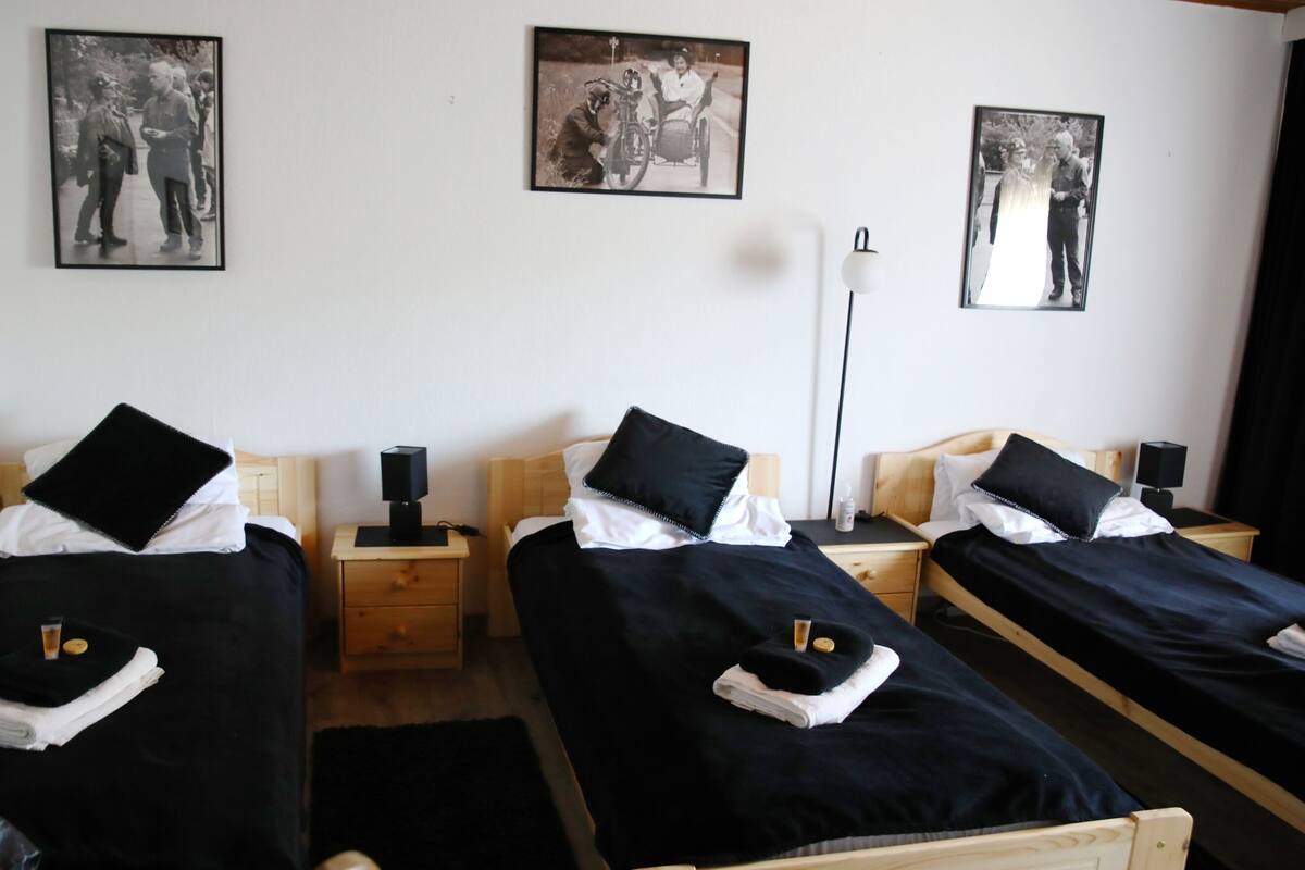 A hotel room with three single beds, each with a black and white pillow, a small bedside table with a lamp, and a wall-mounted picture.