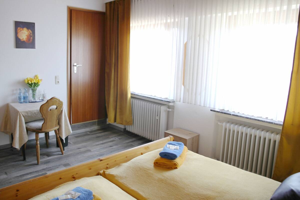 A hotel room with a wooden bed, a small table with a chair, a window with curtains, and a radiator.