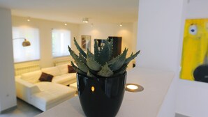 A modern living room with a black pot containing a cactus on a white table. - Villa Gea - Three Bedroom with Swimming Pool (Barban)