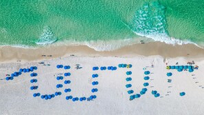 On the beach, sun loungers