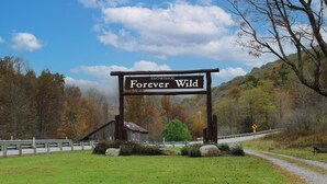 A wooden sign with 'SNOWSHOE Forever Wild' written on it, a gravel path, a wooden fence, and a backdrop of autumn-colored trees. - PR 36 - Spacious & dog-friendly summer getaway. Minutes to bike trails! (Snowshoe)