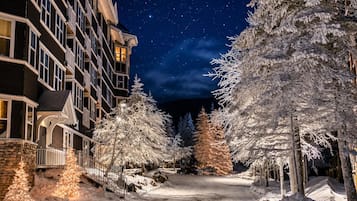 A snow-covered pathway leading to a building with multiple windows and balconies, surrounded by snow-laden trees.