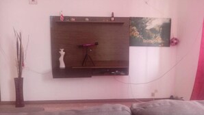 A living room with a grey sofa, a mounted TV, a tripod, and a vase with branches. - Cubico Tota (Praia)