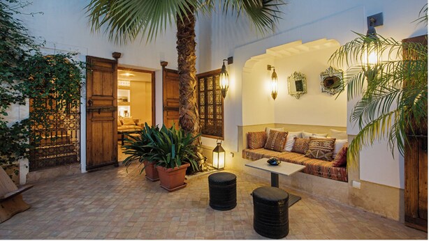 A cozy courtyard with a seating area, a palm tree, and potted plants. - Riad Rossi (Marrakech)