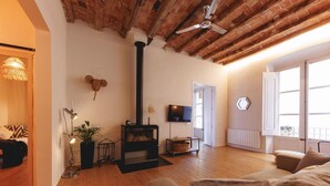 A cozy living room with a fireplace, wooden floors, a sofa, and a TV. - Bravissimo Carrer Nou, cosy 2-bedroom apartment in the center of Girona (Girona)