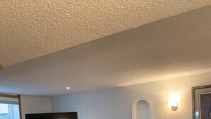 A living room with a flat-screen TV, a fireplace, a sofa, and two side tables. - Spacious Guest Suite! Close to Airport! Quiet Area (Calgary)
