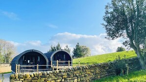 Two dome-shaped structures with a stone wall in front, set in a grassy landscape with trees and a clear sky. - Wood View - UK43707 (Scarborough)