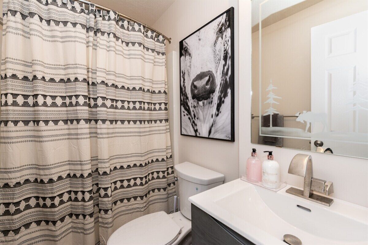 Une salle de bain avec un rideau de douche à motifs, des toilettes, un lavabo avec un miroir et un tableau encadré au mur.