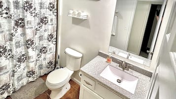 Hair dryer, towels, toilet paper