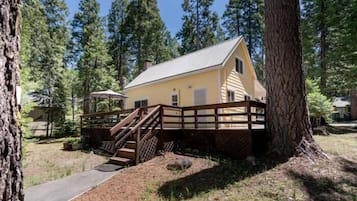 Une cabane dotée d’une terrasse en bois, d’un escalier et d’un toit en métal, entourée d’arbres.