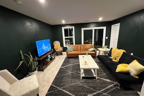 Smart TV, chimenea y biblioteca musical