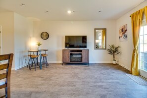TV, fireplace, books