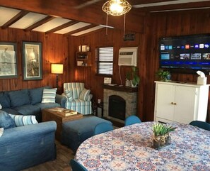 TV connectée, cheminée, livres, médiathèque