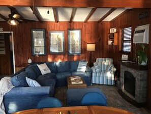 Smart TV, chimenea, libros y biblioteca musical 