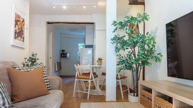 A living room with a sofa, a dining table with chairs, a TV, and a plant. - El Rincón de Cañadío · Charming Apartment in the Heart of Santander (Santander)