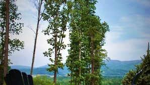 Une vue panoramique depuis un point d’observation élevé, surplombant une vallée verdoyante, parsemée d’arbres et bordée de montagnes lointaines.