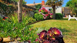 Un jardin avec différentes plantes et fleurs, un mur de pierre et une chaise blanche.
