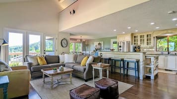 TV, fireplace, books