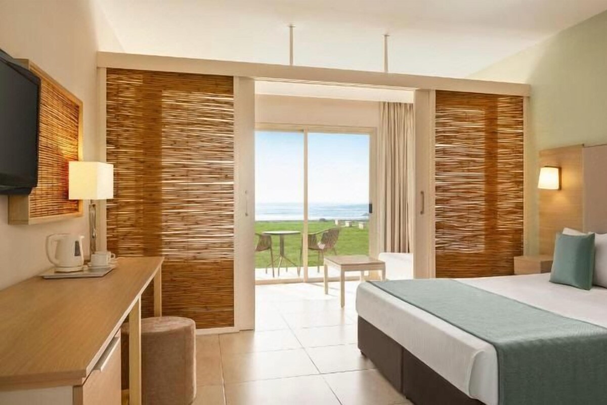 A hotel room with a bed, a desk, a chair, a television, and a view of the outdoors.