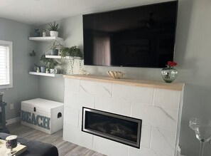 Ein Wohnzimmer mit Kamin, Fernseher und Regalen mit Pflanzen.