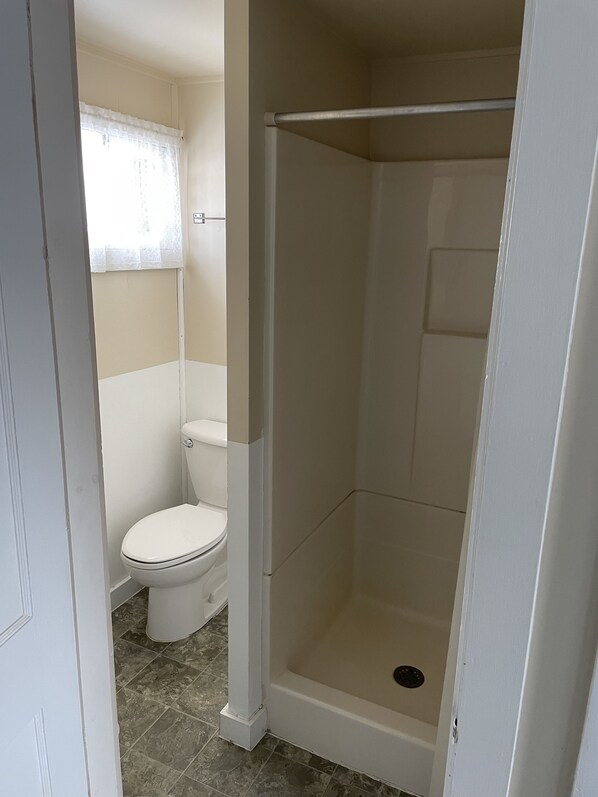 A bathroom with a toilet, a shower stall, and a window with a curtain.