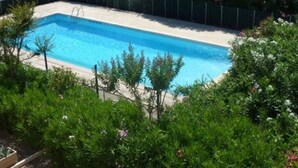 Ein rechteckiger Pool, umgeben von üppiger Bepflanzung und einem Zaun.