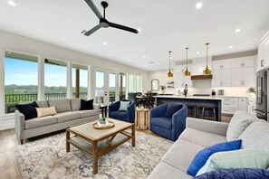 Smart TV, fireplace, books