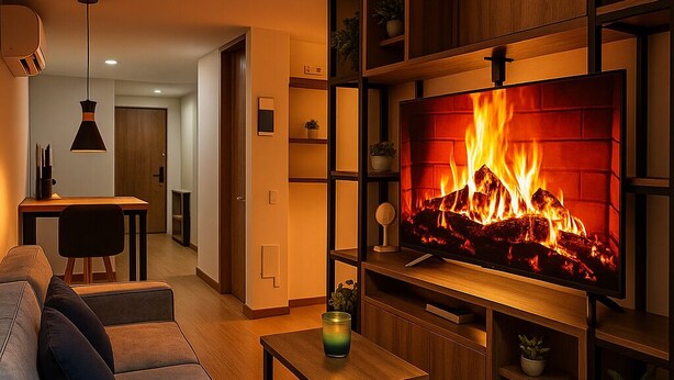 A modern living room with a large flat-screen TV, a sofa, a coffee table, and a fireplace.