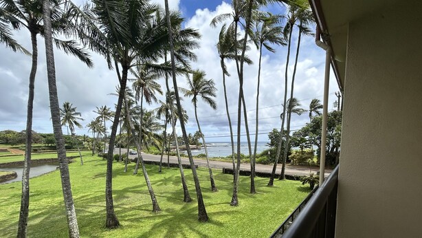 A balcony with a view of a well-maintained lawn, tall palm trees, and a road leading to a body of water. - Beautiful Ocean view of Sunny South Shore at Poipu Beach in Kauai (Koloa)