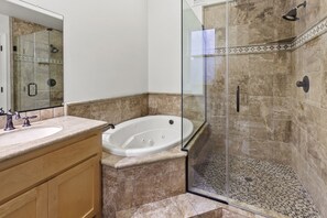 Shower, jetted tub, hair dryer, towels
