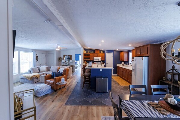 TV connectée, cheminée, lecteur de DVD, livres