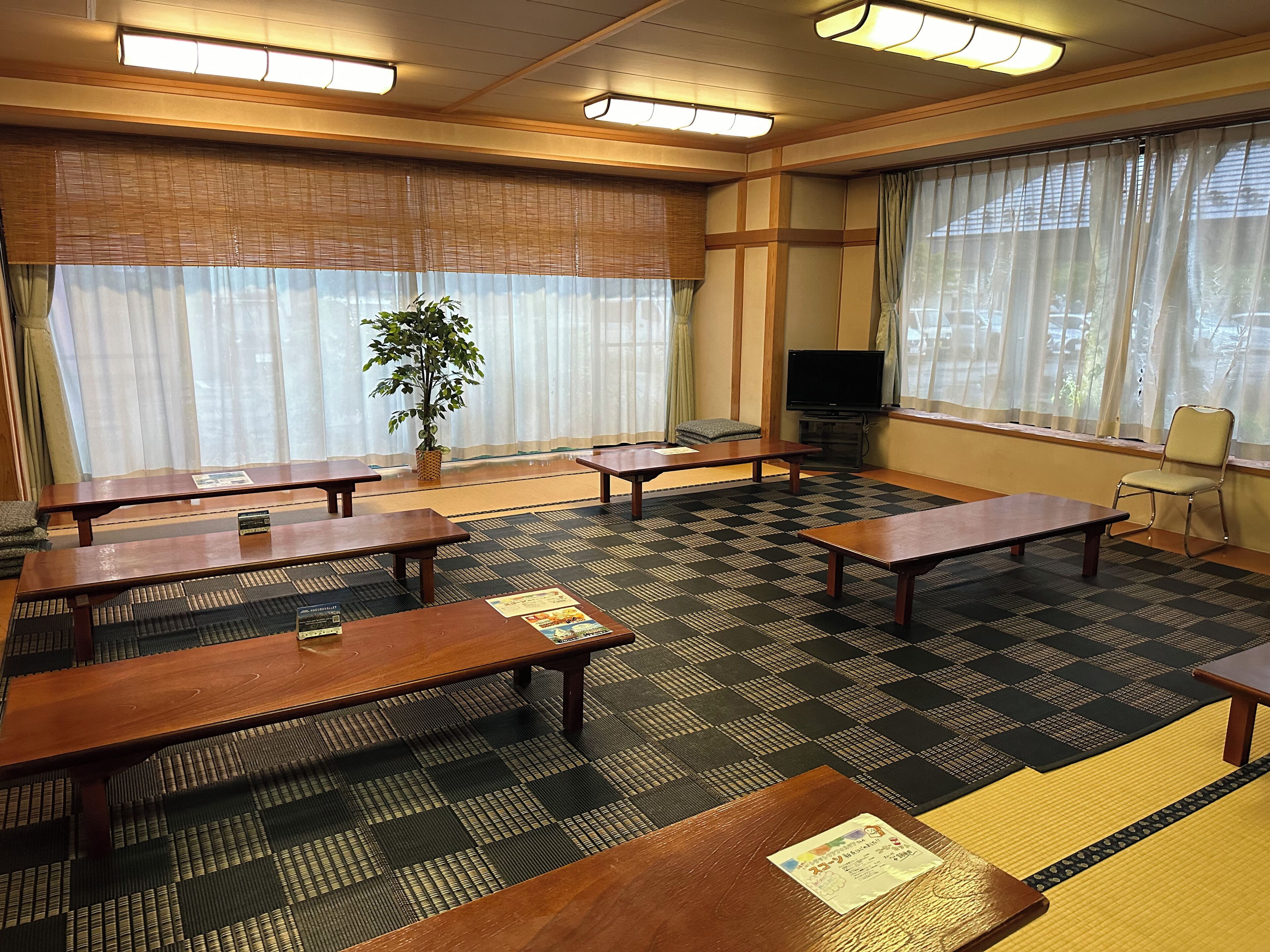 A room with tatami mats, wooden tables, a television, and a potted plant.
