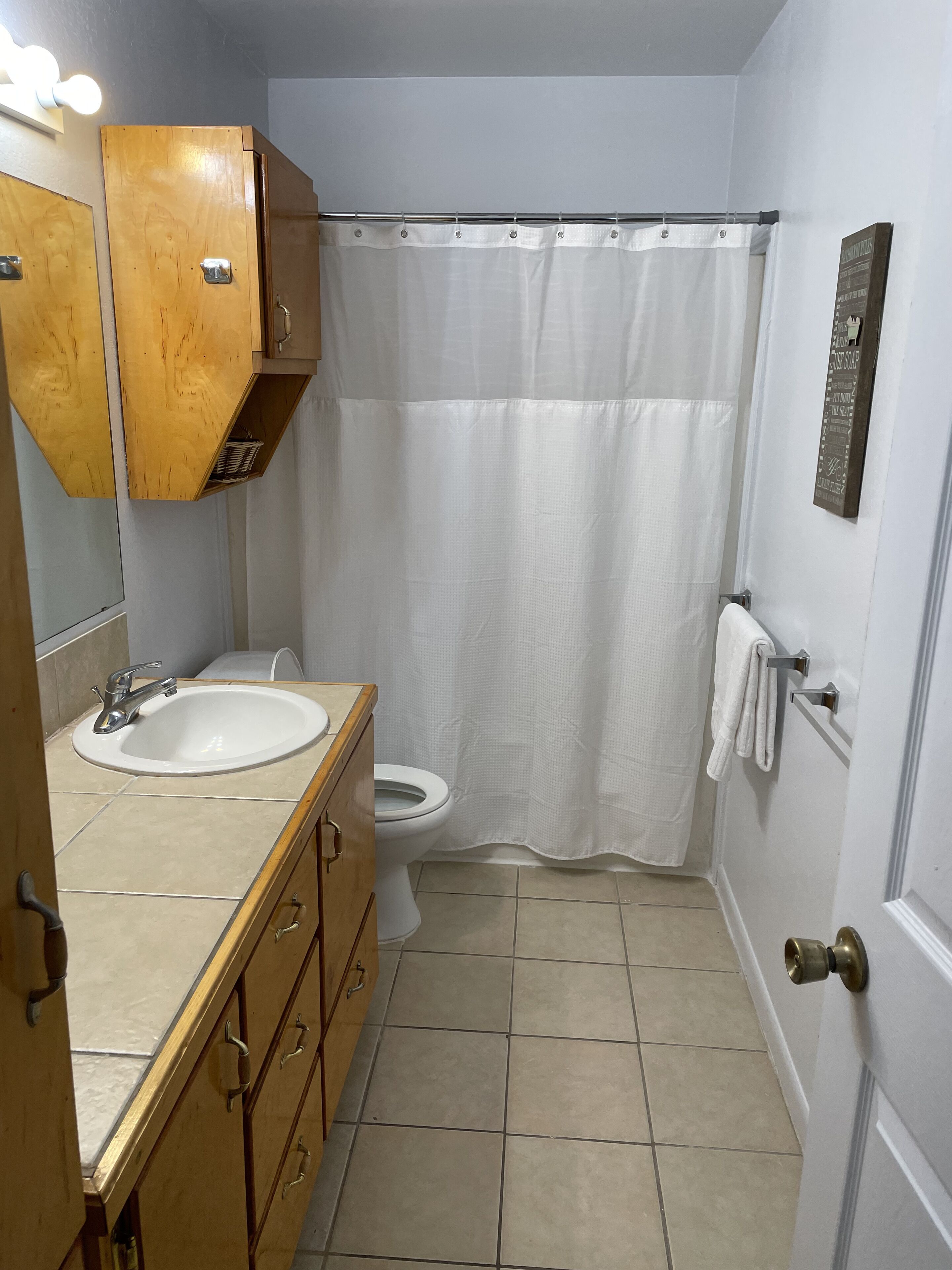 Une salle de bain avec un meuble-lavabo en bois, un lavabo blanc, des toilettes et un rideau de douche.
