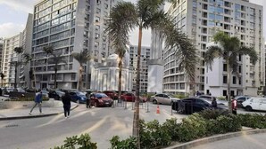 Un moderno palazzo residenziale con diversi piani, un'area di parcheggio con auto e palme.