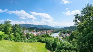 Une ville traversée par une rivière, entourée de verdure et de collines.