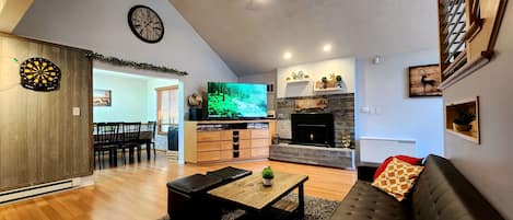 Smart TV, fireplace, video games, DVD player