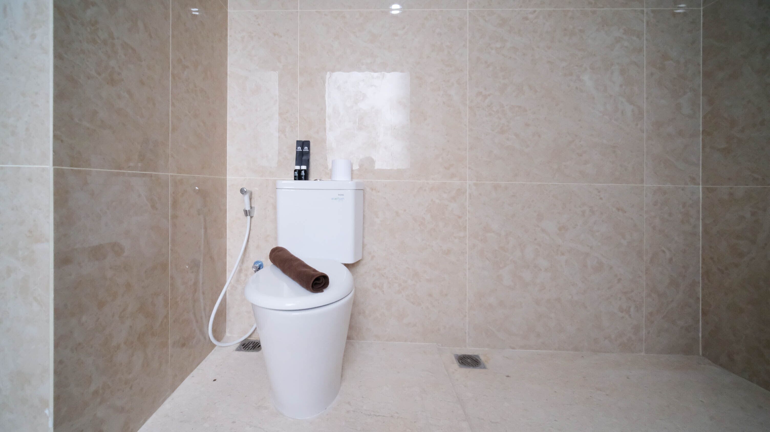 A modern bathroom with a toilet, a shower, and a wall-mounted toilet paper holder.