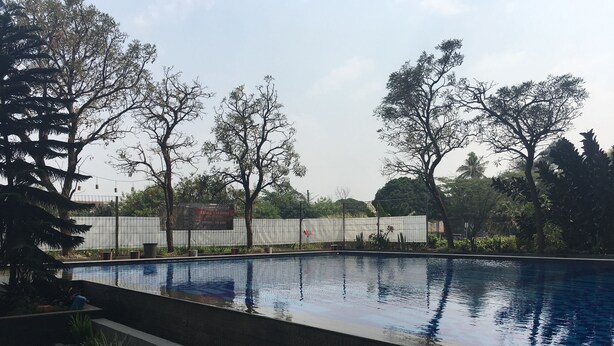A swimming pool with a tiled deck, surrounded by trees and a fence.