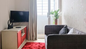 A living room with a flat-screen TV on a red cabinet, a grey sofa with patterned cushions, a red rug, and a potted plant by the window.